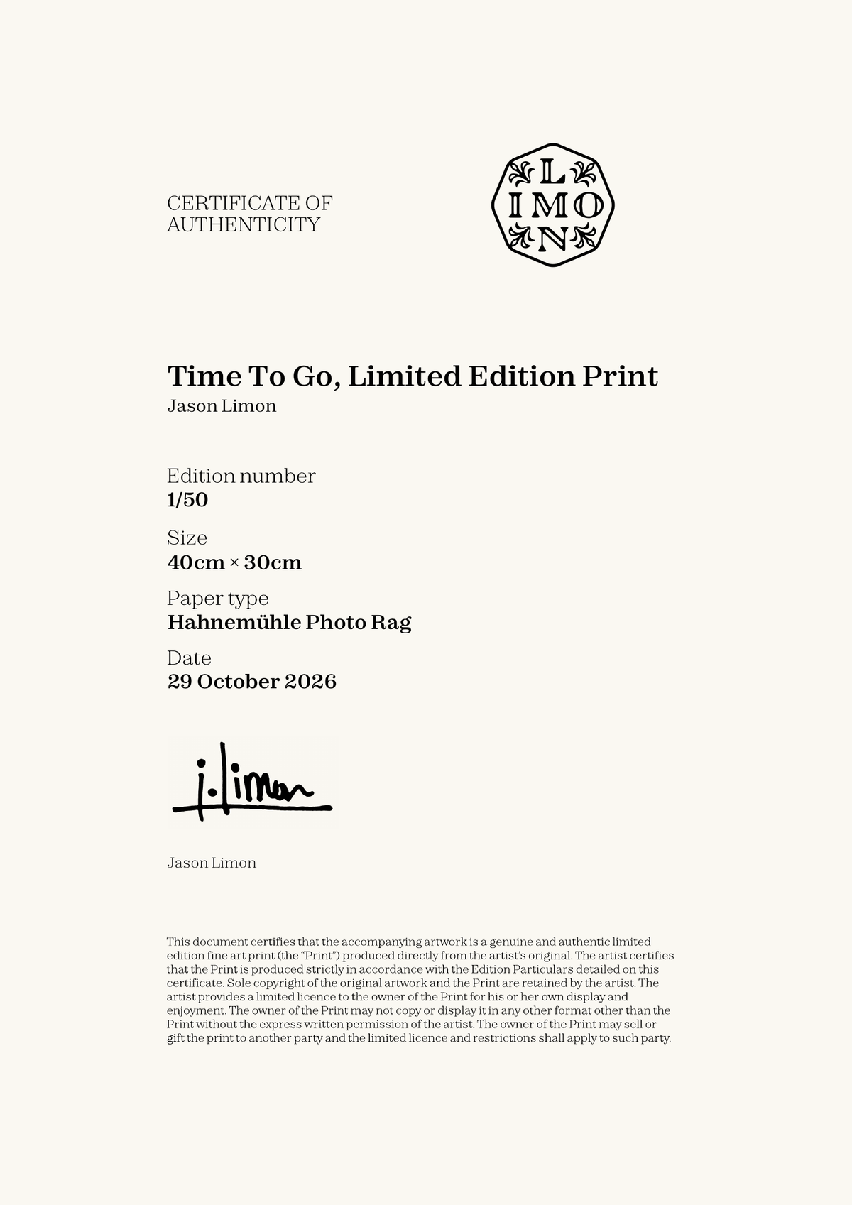 Time To Go, Limited Edition Print — Certificate of Authenticity