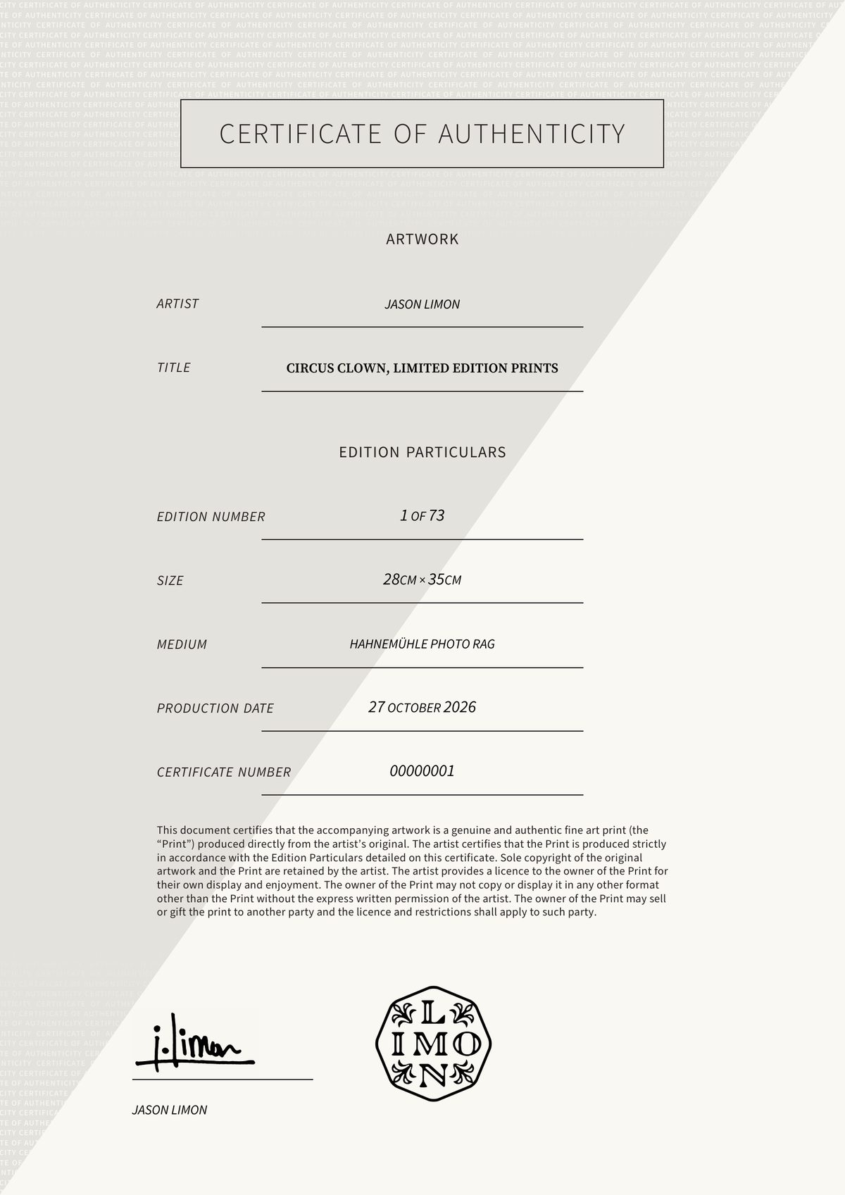 Circus Clown, Limited Edition Prints — Certificate of Authenticity